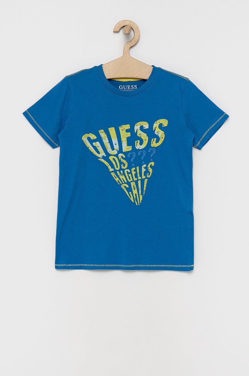 

Детска памучна тениска Guess с принт, Син
