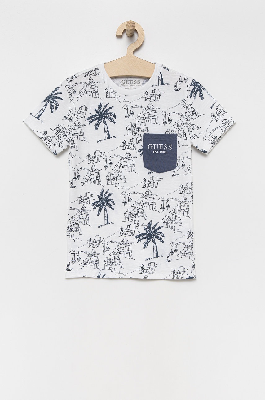 

Детска памучна тениска Guess в бяло с десен, Бял