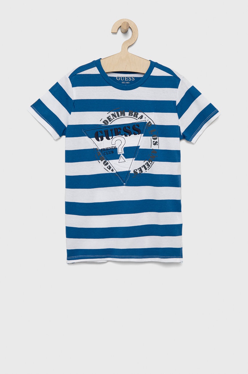 

Детска памучна тениска Guess с десен, Син