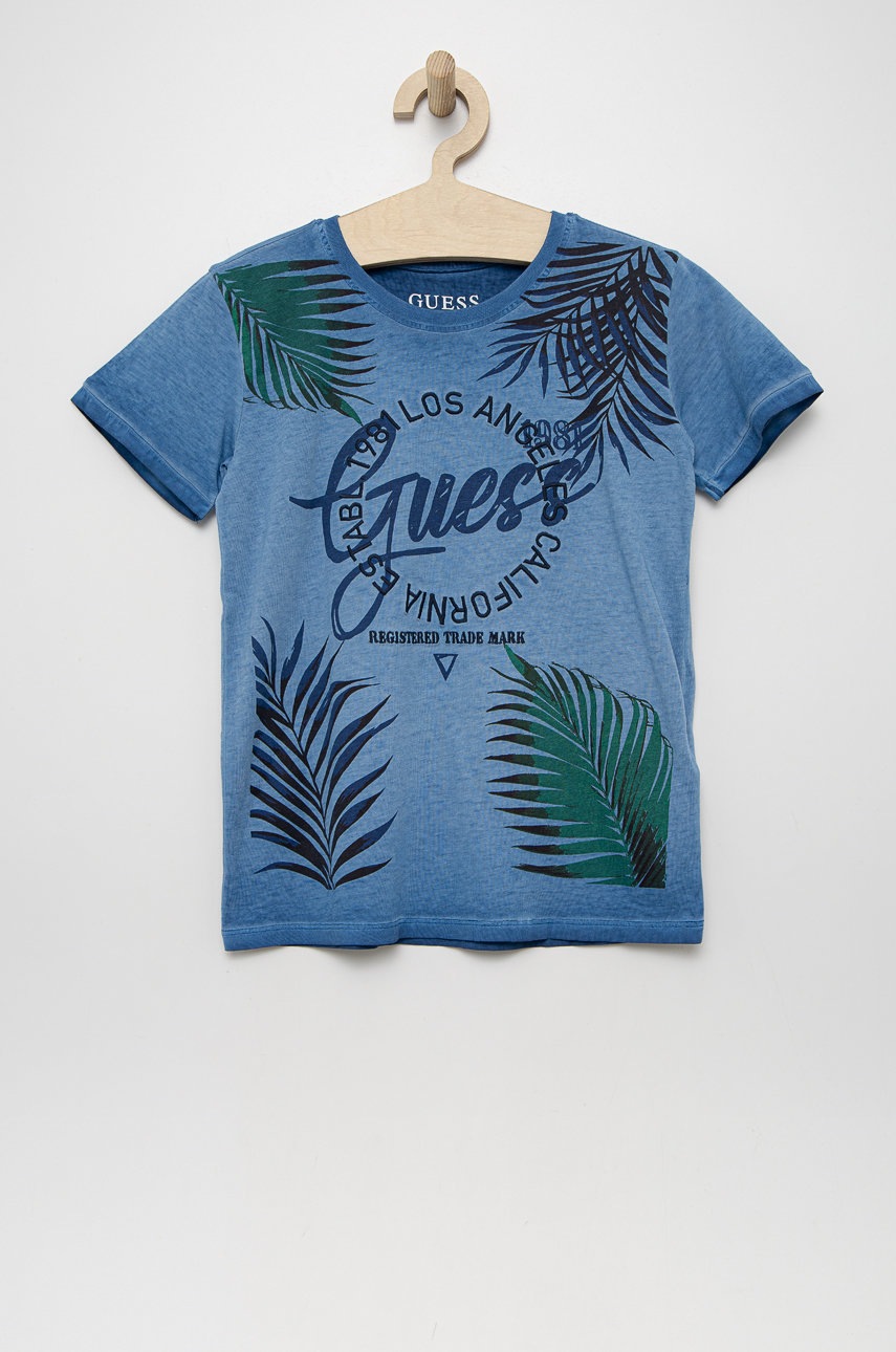 

Детска памучна тениска Guess с принт, Син