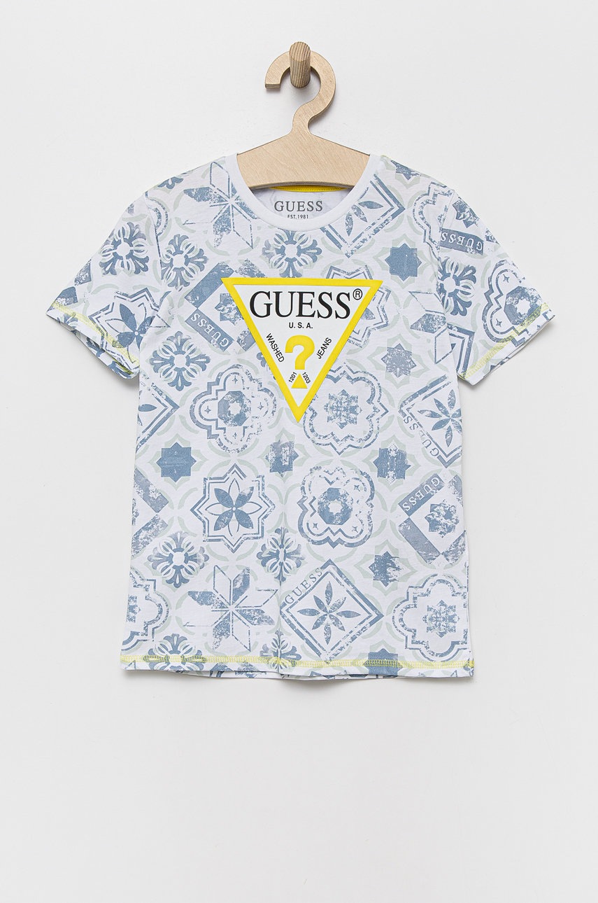 

Детска памучна тениска Guess с принт, Син