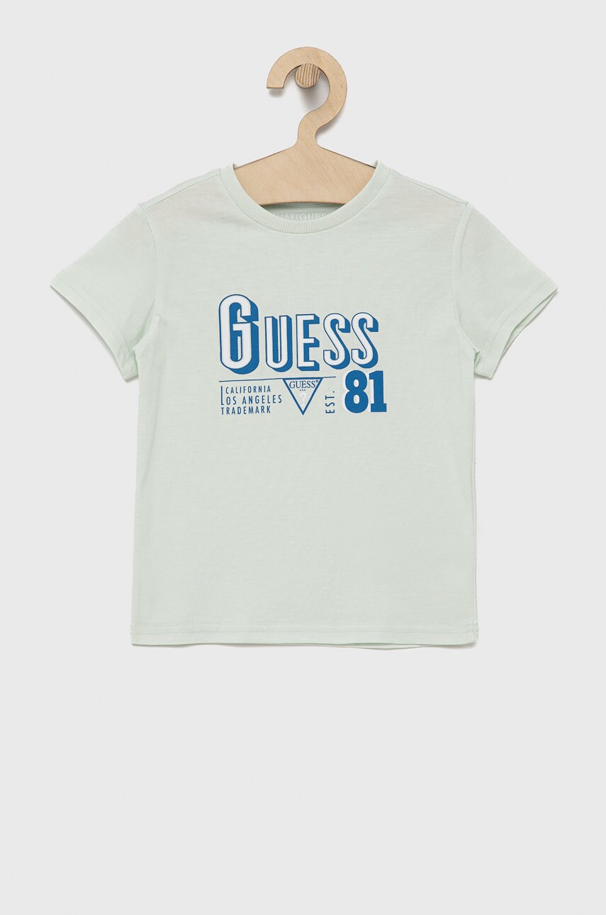 

Детска памучна тениска Guess с принт, Син
