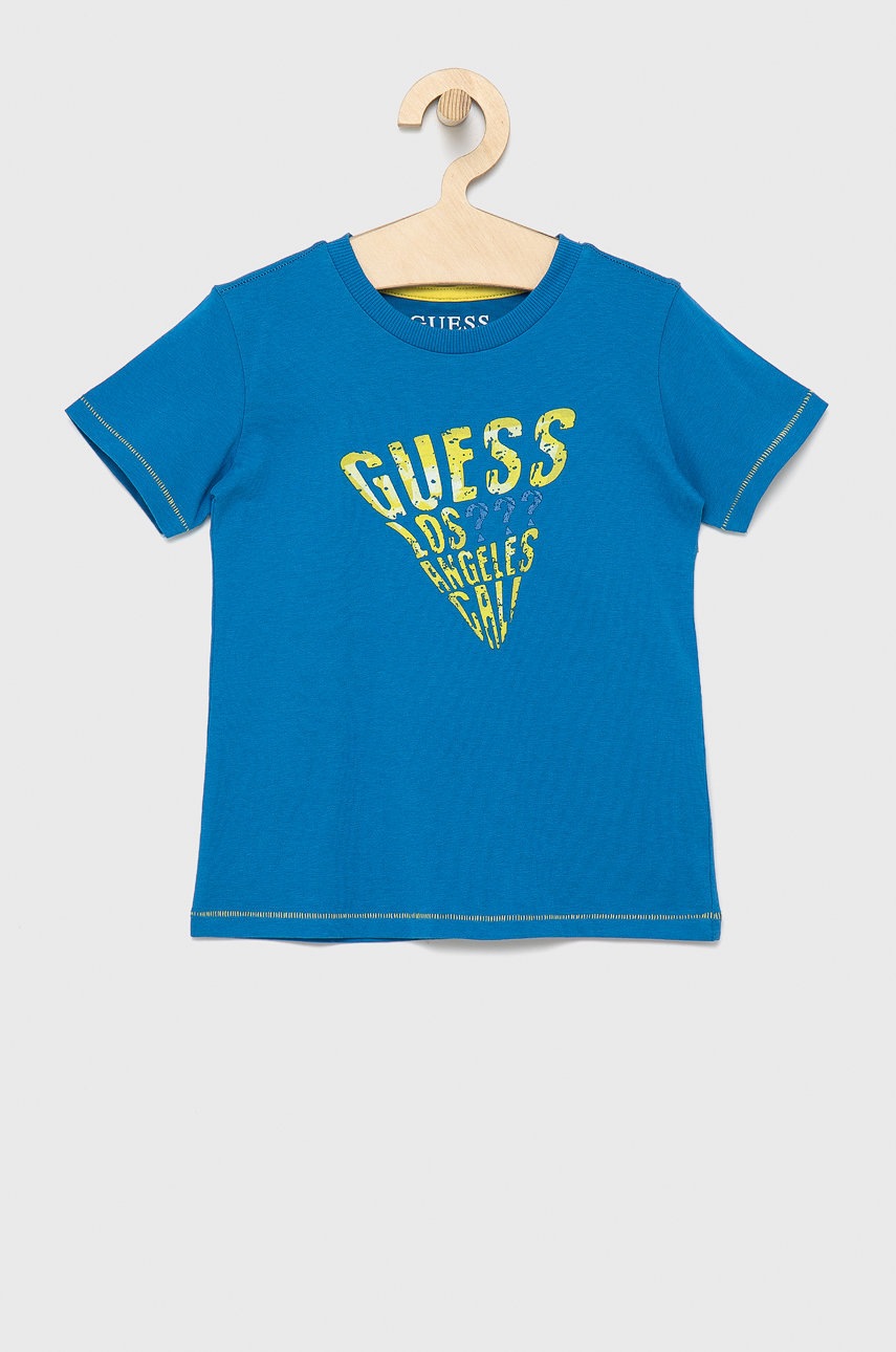 

Детска памучна тениска Guess с принт, Син