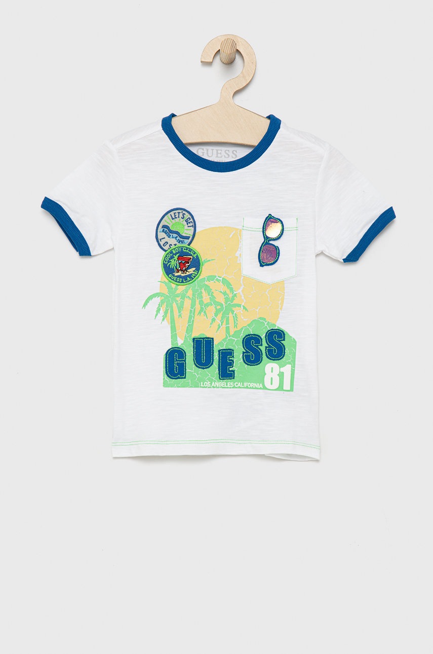 

Дитяча бавовняна футболка Guess колір білий з аплікацією