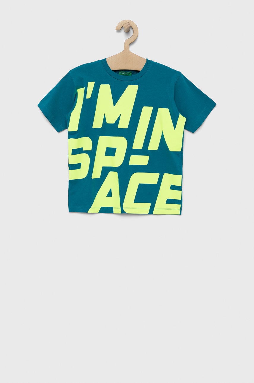 United Colors Of Benetton tricou de bumbac pentru copii culoarea turcoaz, cu imprimeu