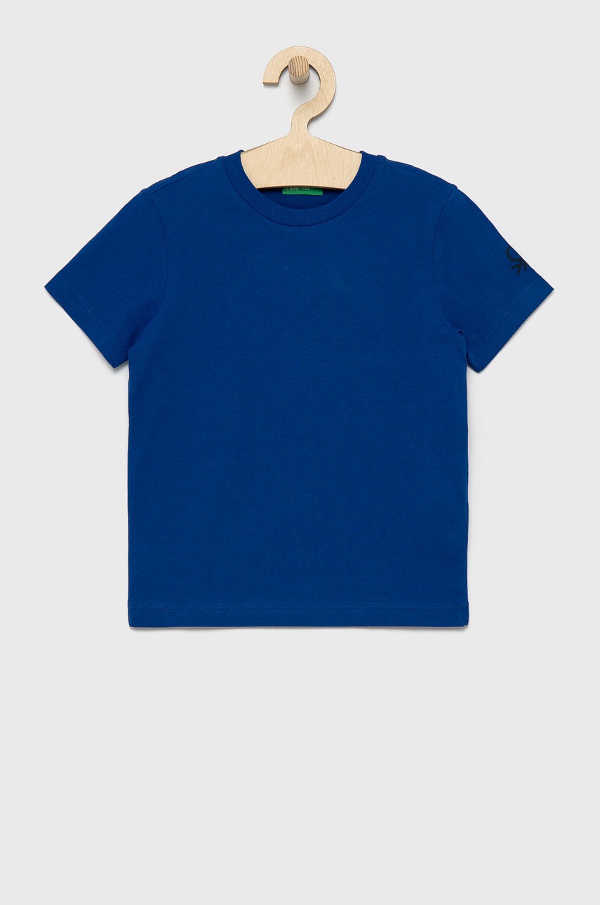 

Детска памучна тениска United Colors of Benetton с изчистен дизайн, Син