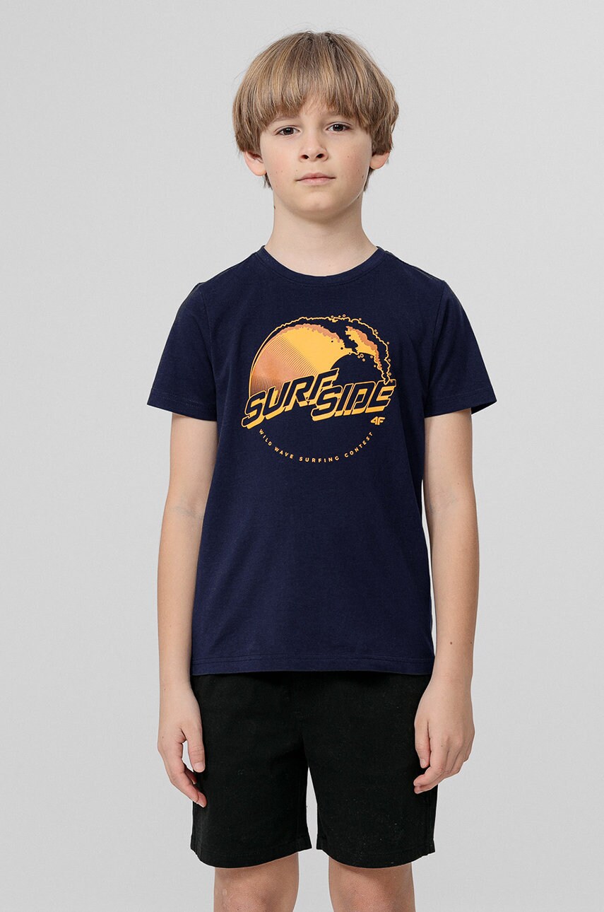 4F tricou de bumbac pentru copii culoarea albastru marin, cu imprimeu