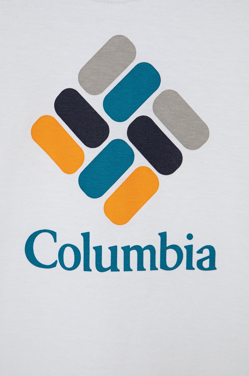 

Дитяча бавовняна футболка Columbia колір білий з принтом