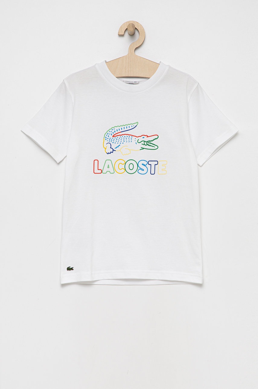

Детска памучна тениска Lacoste в бяло с принт, Бял