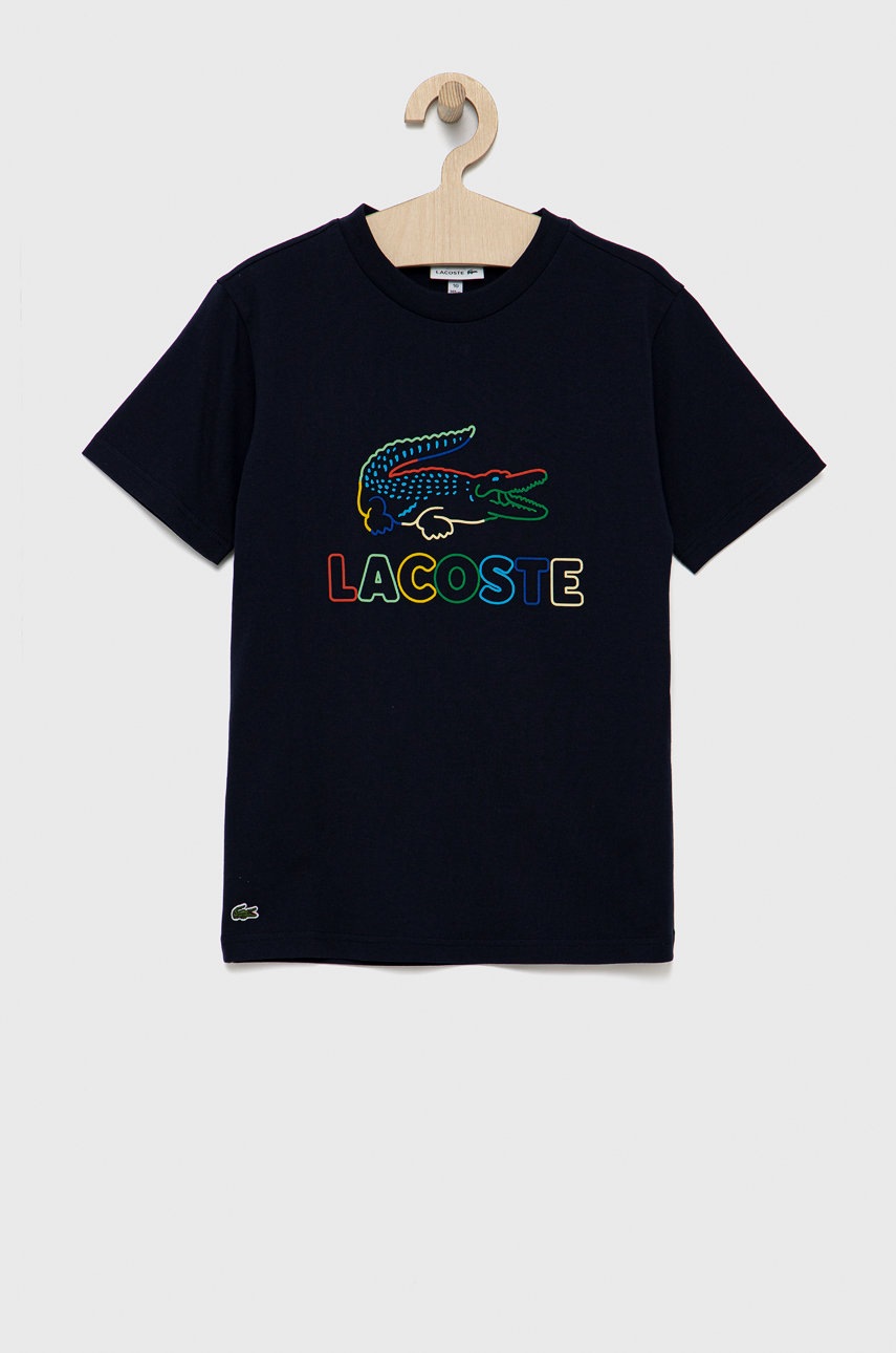

Детска памучна тениска Lacoste в тъмносиньо с принт, Тъмносин