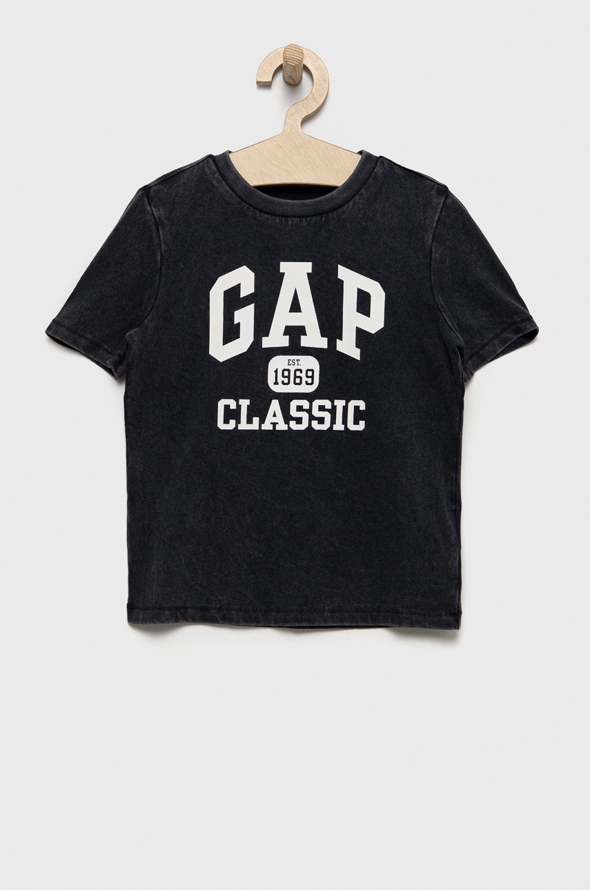 

Детска памучна тениска GAP в сиво с принт, Сив