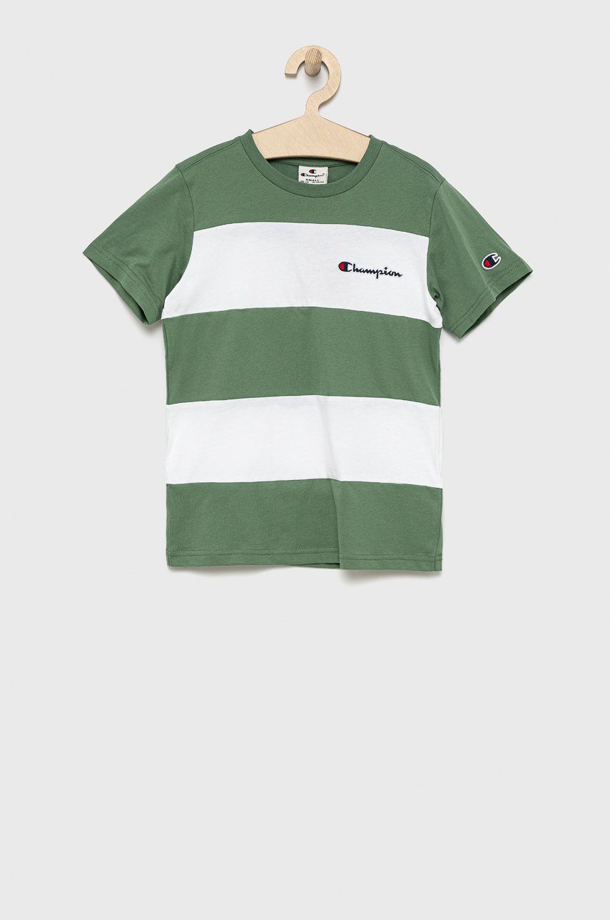 Champion t-shirt bawełniany dziecięcy 305959 kolor zielony z aplikacją