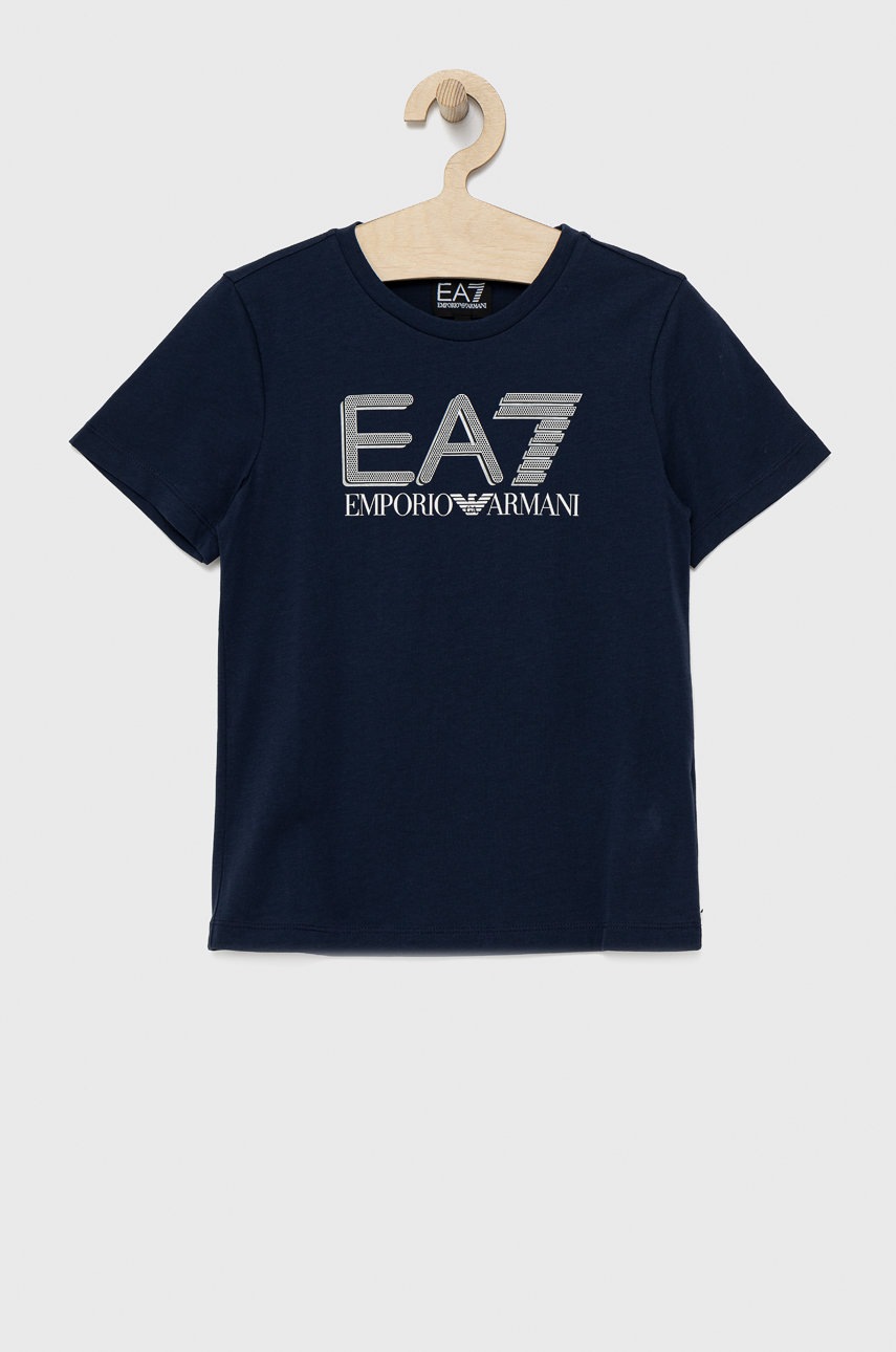 

Детска памучна тениска EA7 Emporio Armani в тъмносиньо с принт, Тъмносин