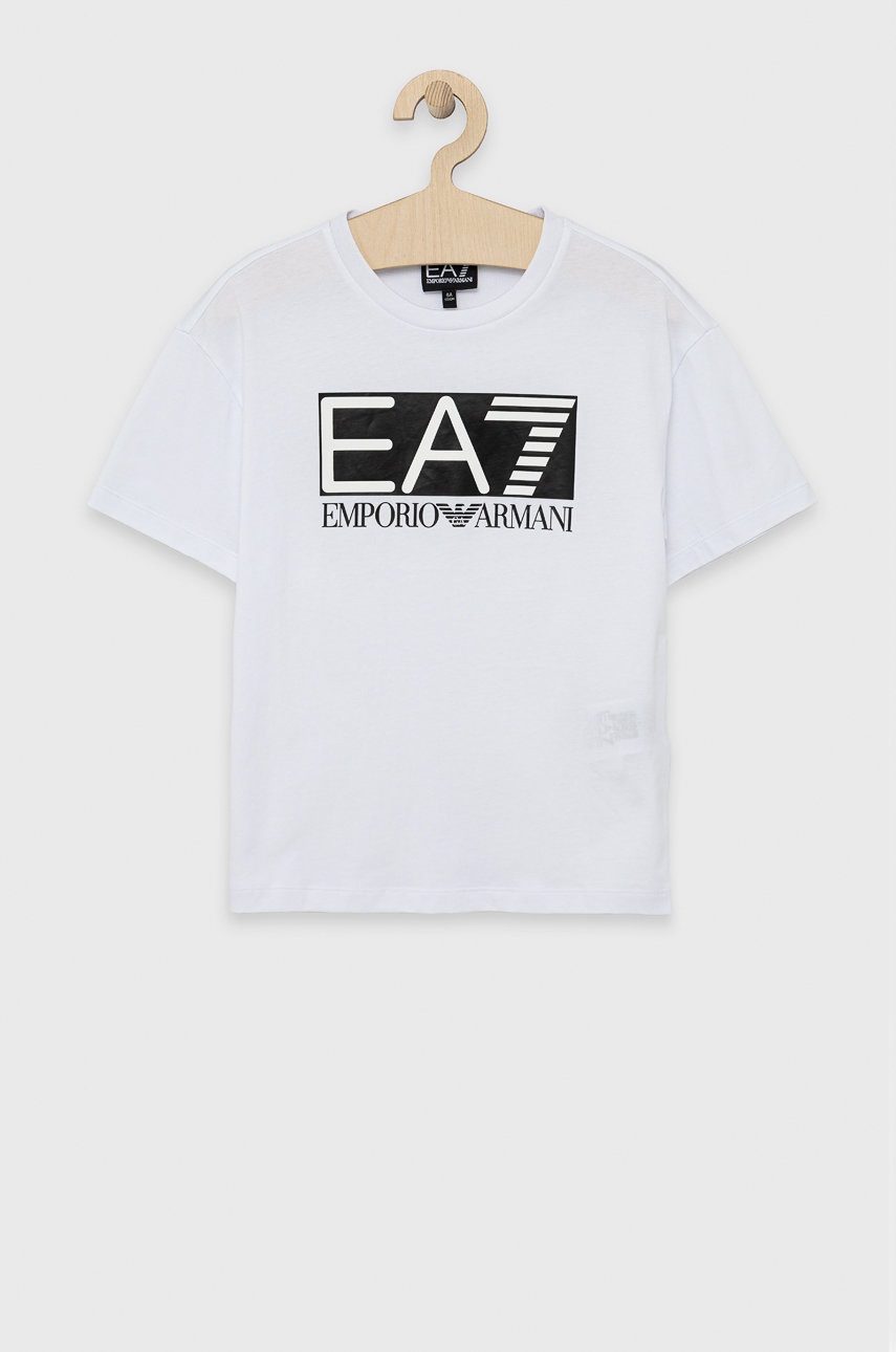 

Детска памучна тениска EA7 Emporio Armani в бяло с принт, Бял