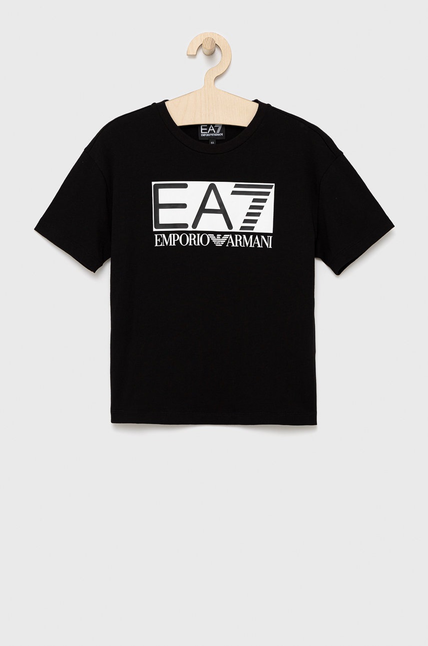 

Детска памучна тениска EA7 Emporio Armani в черно с принт, Черен