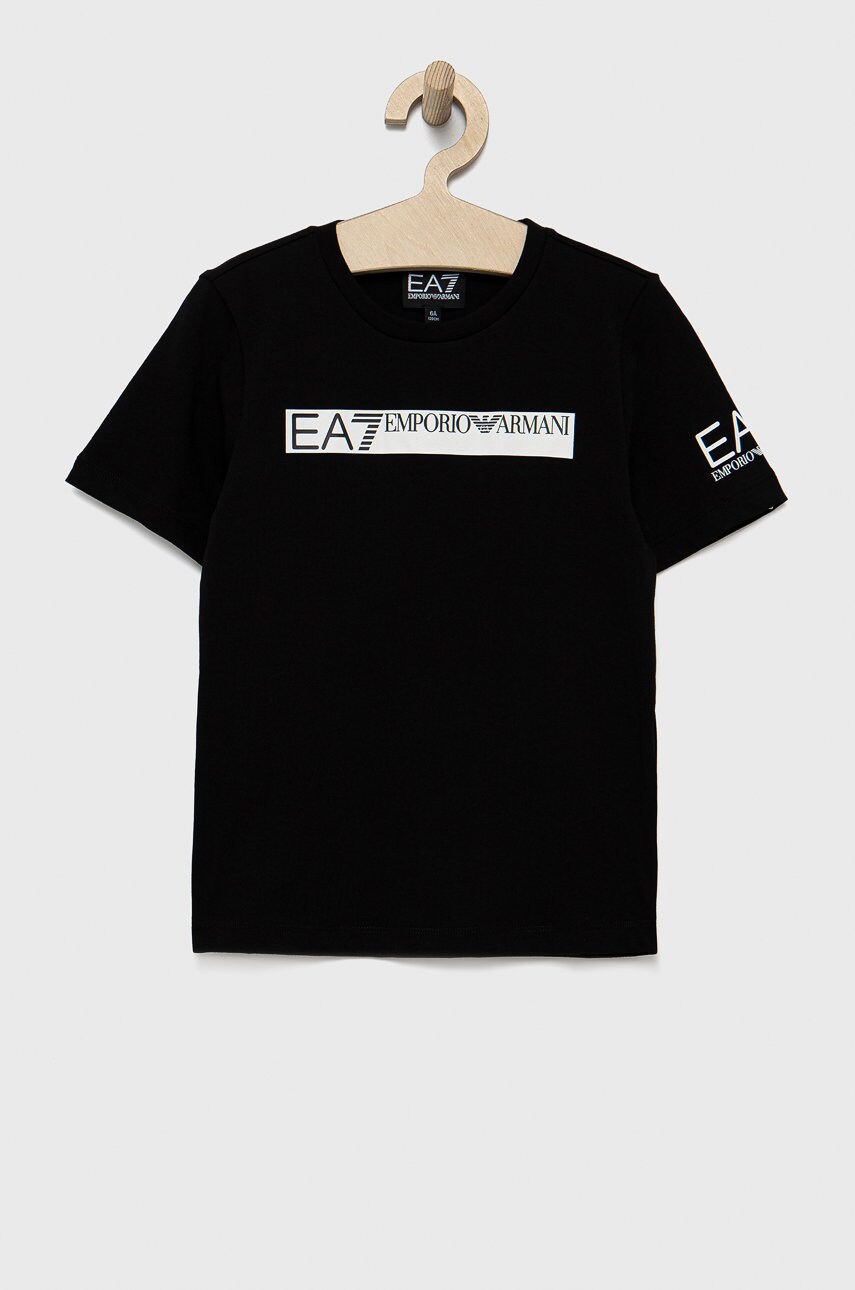 

Детска памучна тениска EA7 Emporio Armani в черно с принт, Черен