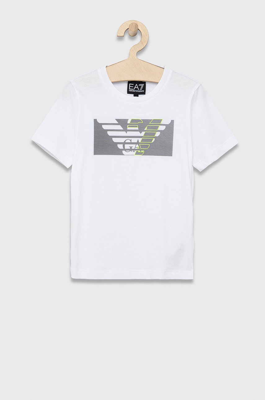 

Детска памучна тениска EA7 Emporio Armani в бяло с принт, Бял
