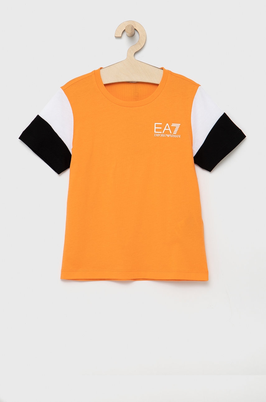EA7 Emporio Armani tricou de bumbac pentru copii culoarea portocaliu, cu imprimeu