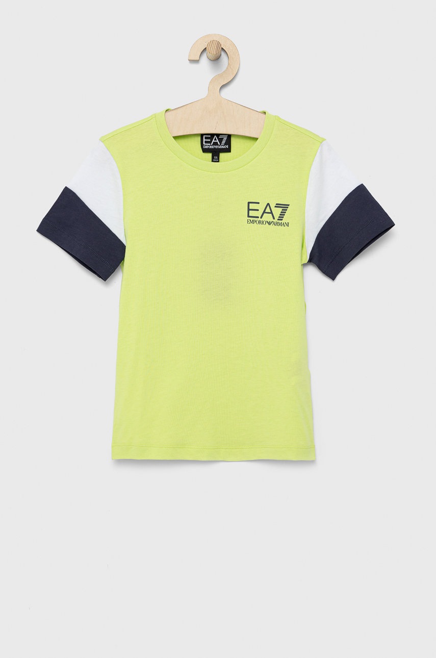 

Детска памучна тениска EA7 Emporio Armani в зелено с принт, Зелен