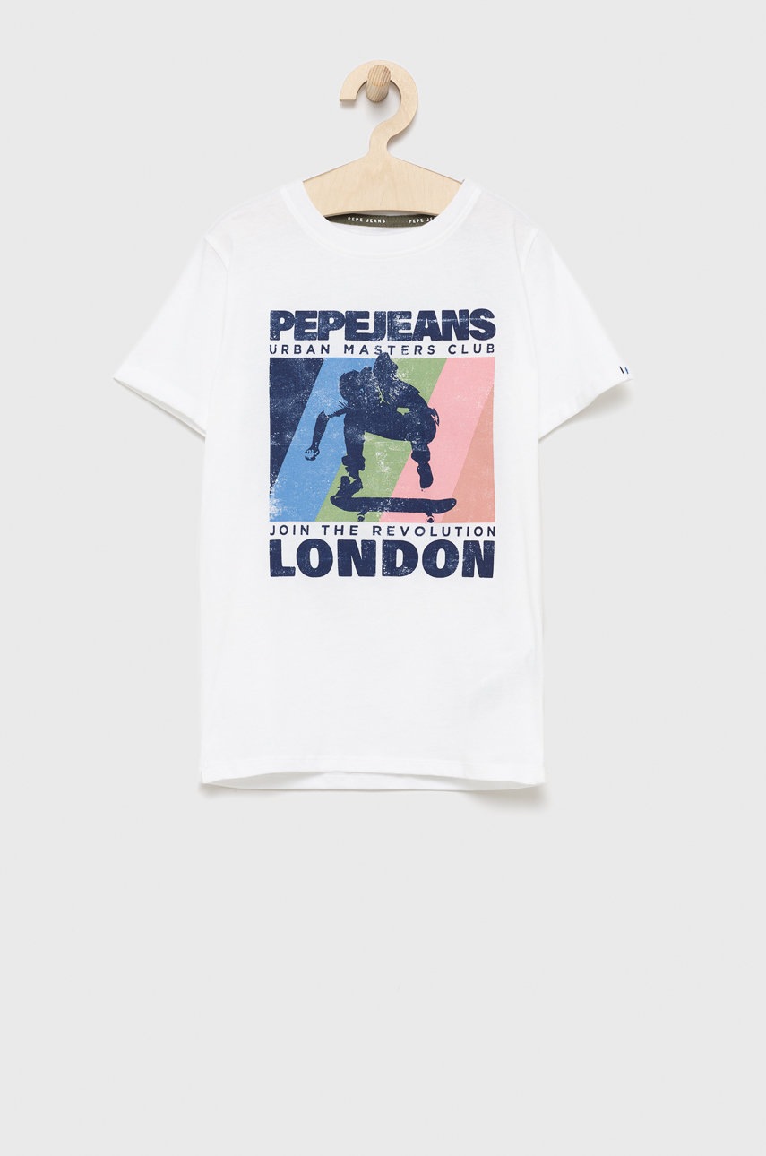 

Детска памучна тениска Pepe Jeans в бяло с принт, Бял