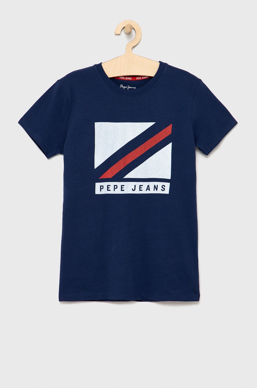

Детская хлопковая футболка Pepe Jeans цвет синий с принтом