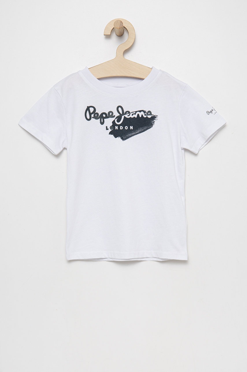 

Детская хлопковая футболка Pepe Jeans цвет белый с принтом
