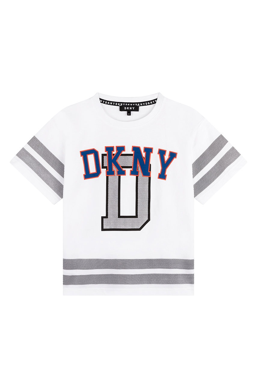 

Детская хлопковая футболка Dkny цвет белый однотонный