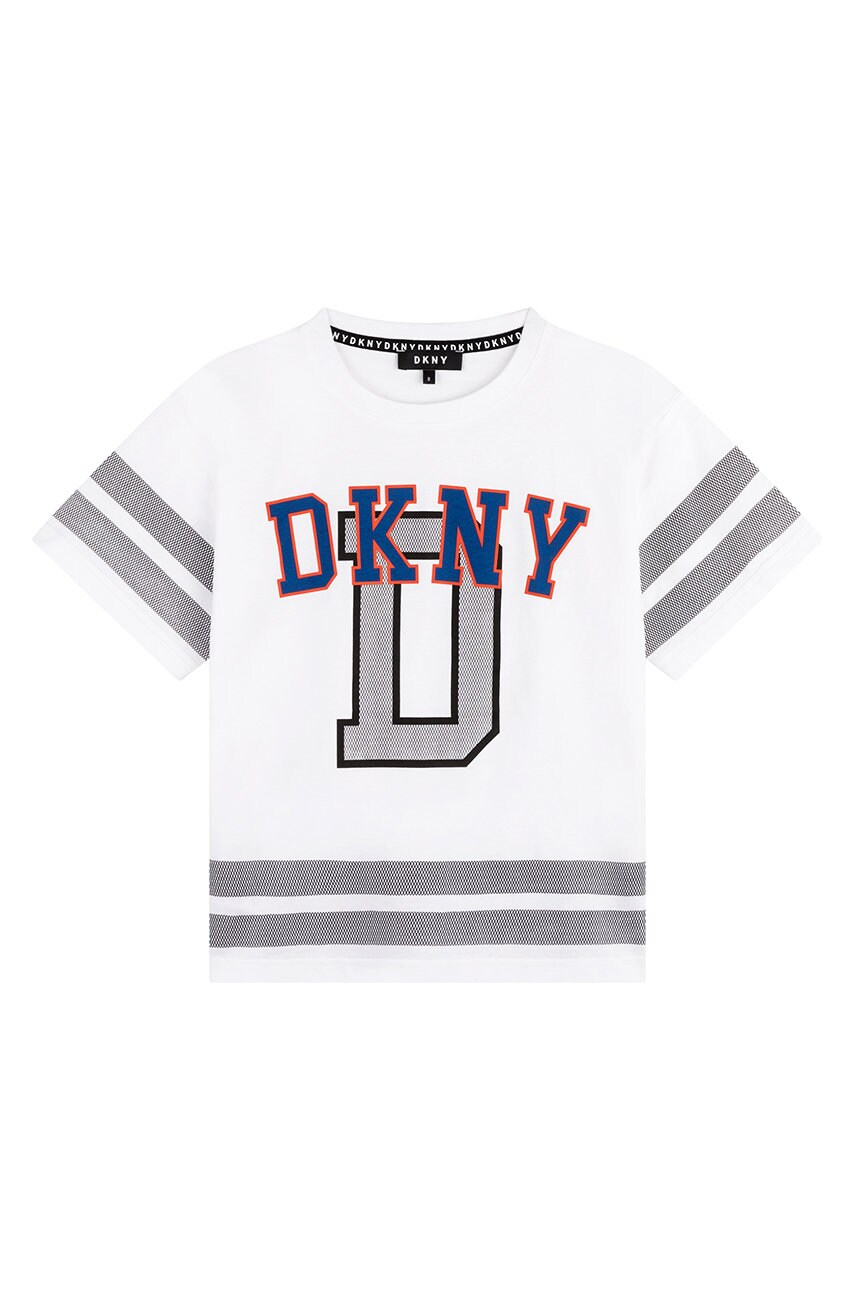 

Детская хлопковая футболка Dkny цвет белый однотонный