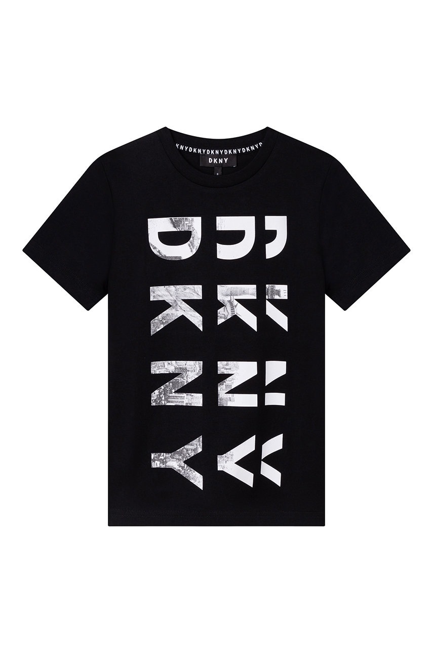 

Дитяча бавовняна футболка Dkny колір чорний з принтом