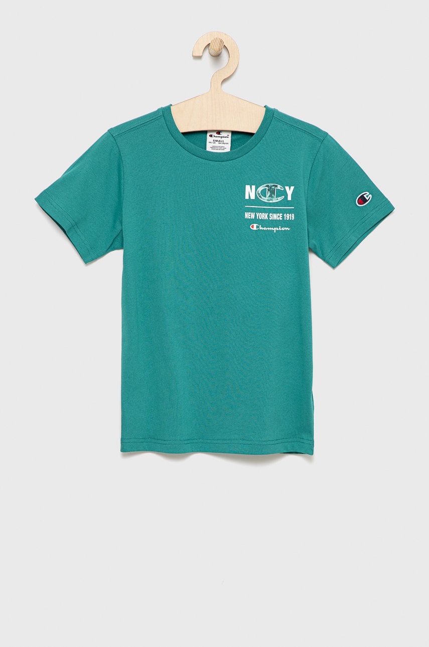 Детская хлопковая футболка Champion 305991 цвет зелёный с принтом Детская хлопковая футболка Champion 305991 цвет зелёный с принтом