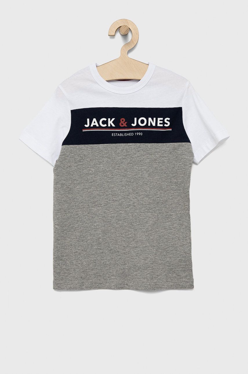 Levně Dětské tričko Jack & Jones šedá barva, s potiskem