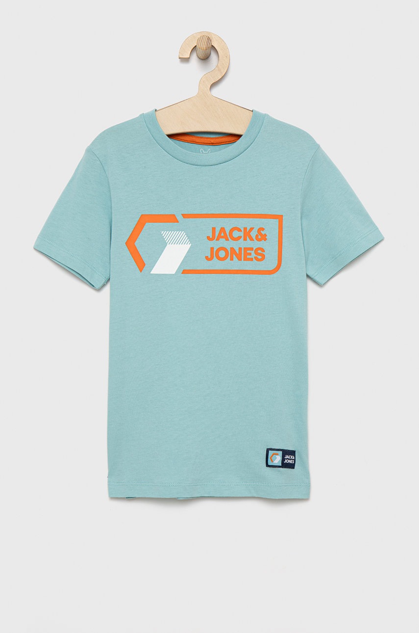 

Детска памучна тениска Jack & Jones в тюркоазено с принт, Тюркоазен