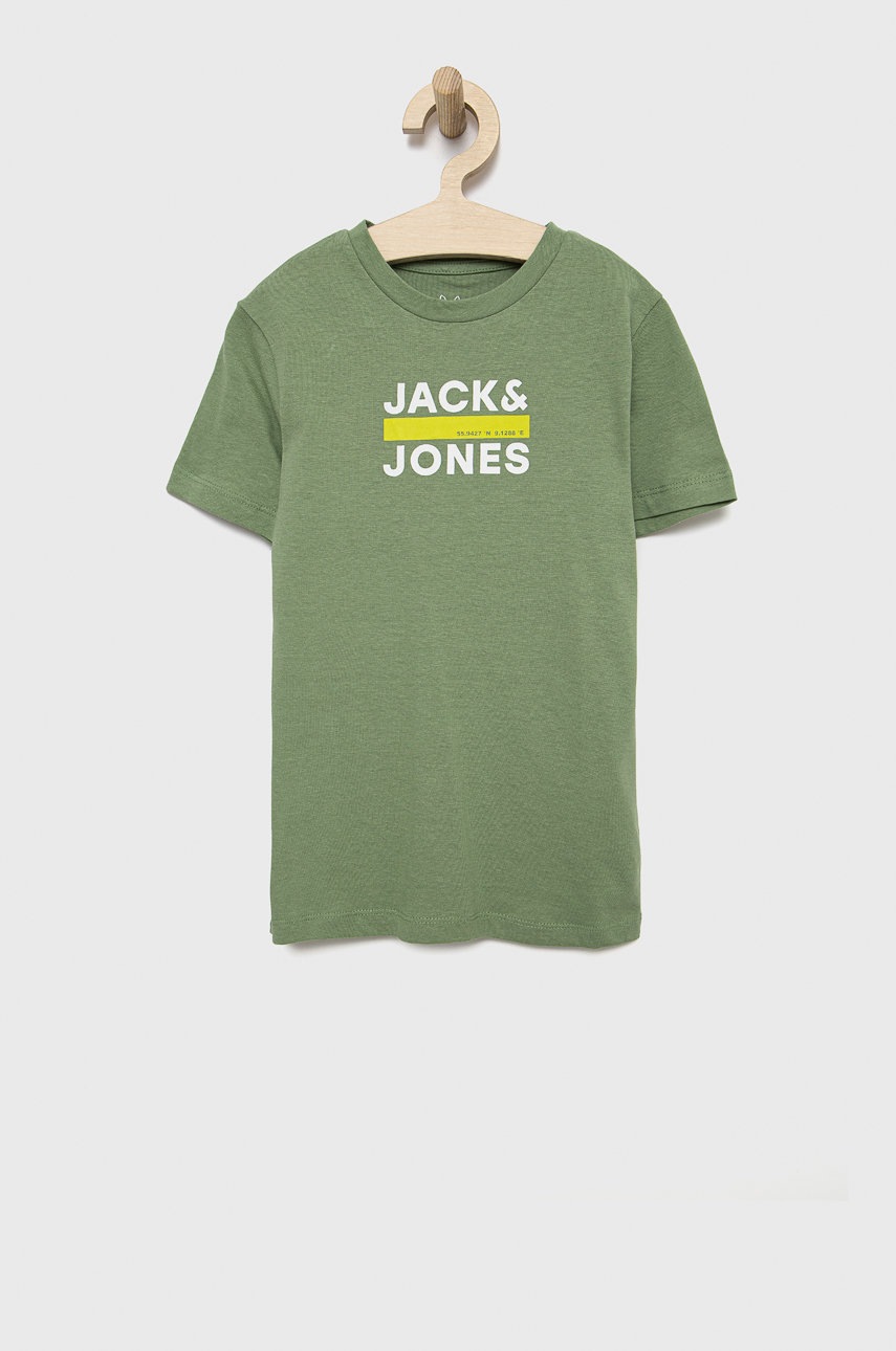 

Детска памучна тениска Jack & Jones в зелено с принт, Зелен