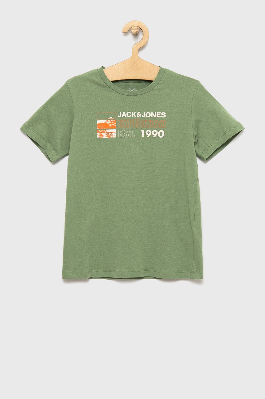 

Детска памучна тениска Jack & Jones в зелено с принт, Зелен