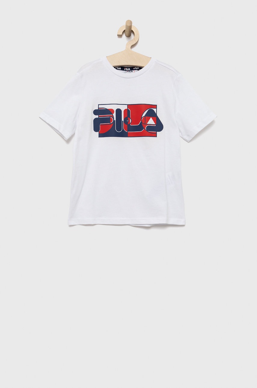 

Дитяча бавовняна футболка Fila колір білий з принтом