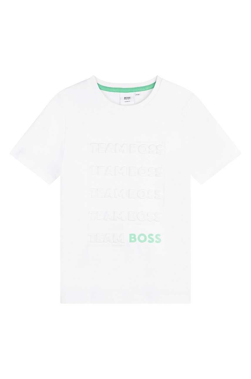 

Детская хлопковая футболка Boss цвет белый с принтом