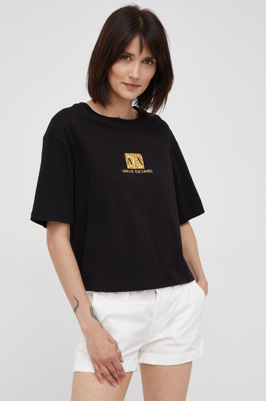 

Памучна тениска Armani Exchange в черно, Черен