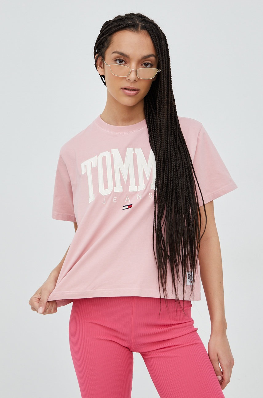 

Памучна тениска Tommy Jeans в розово, Розов