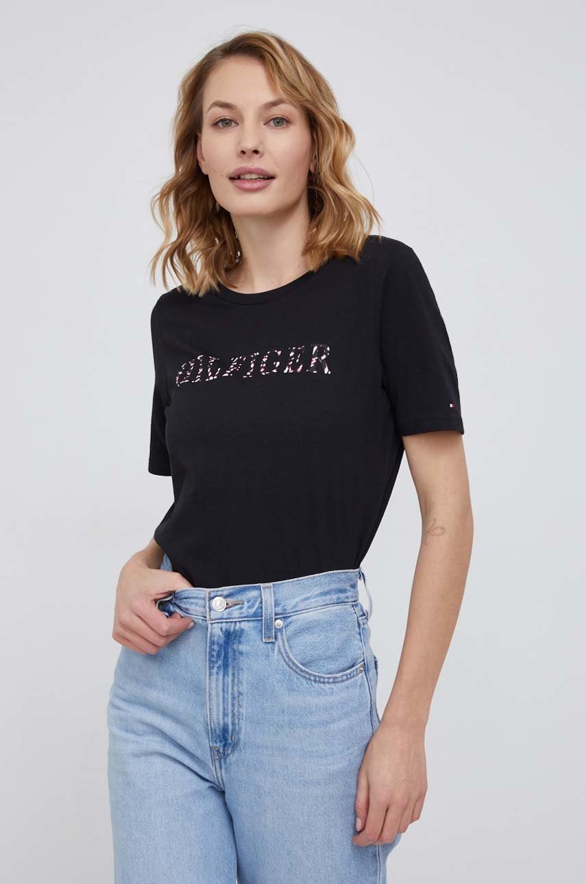 

Памучна тениска Tommy Hilfiger в черно, Черен