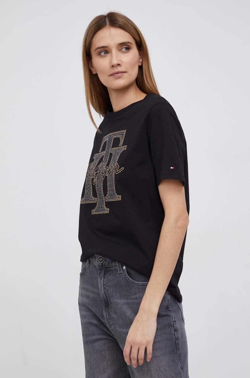 

Памучна тениска Tommy Hilfiger в черно, Черен