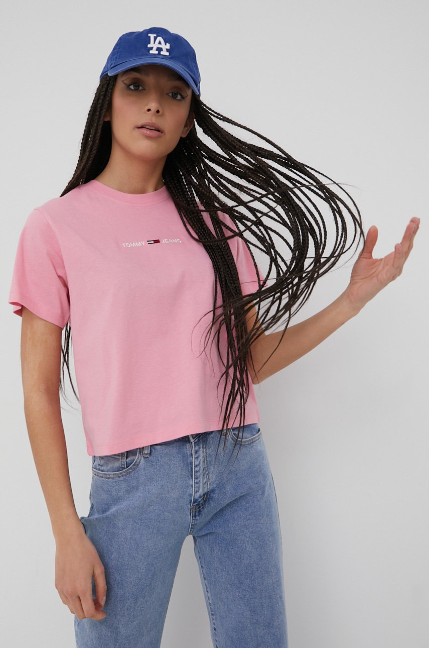 

Памучна тениска Tommy Jeans в розово, Розов