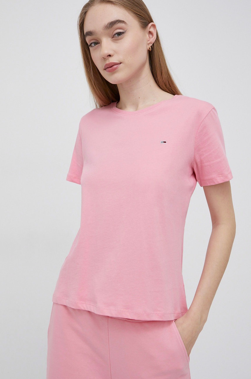

Памучна тениска Tommy Jeans в розово, Розов