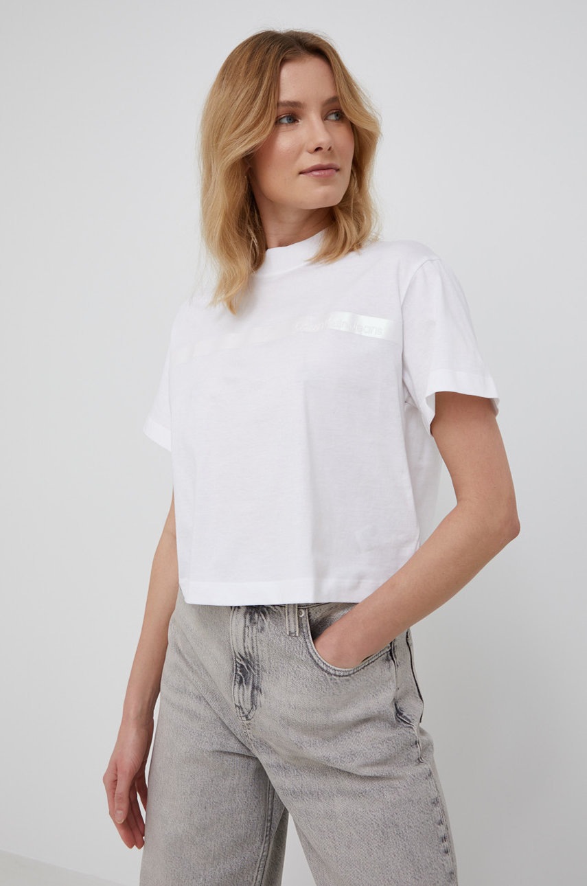 

Памучна тениска Calvin Klein Jeans в бяло, Бял