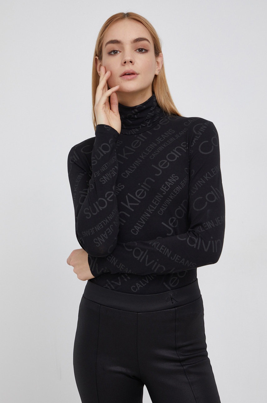 

Блуза с дълги ръкави Calvin Klein Jeans дамска в черно с поло, Черен