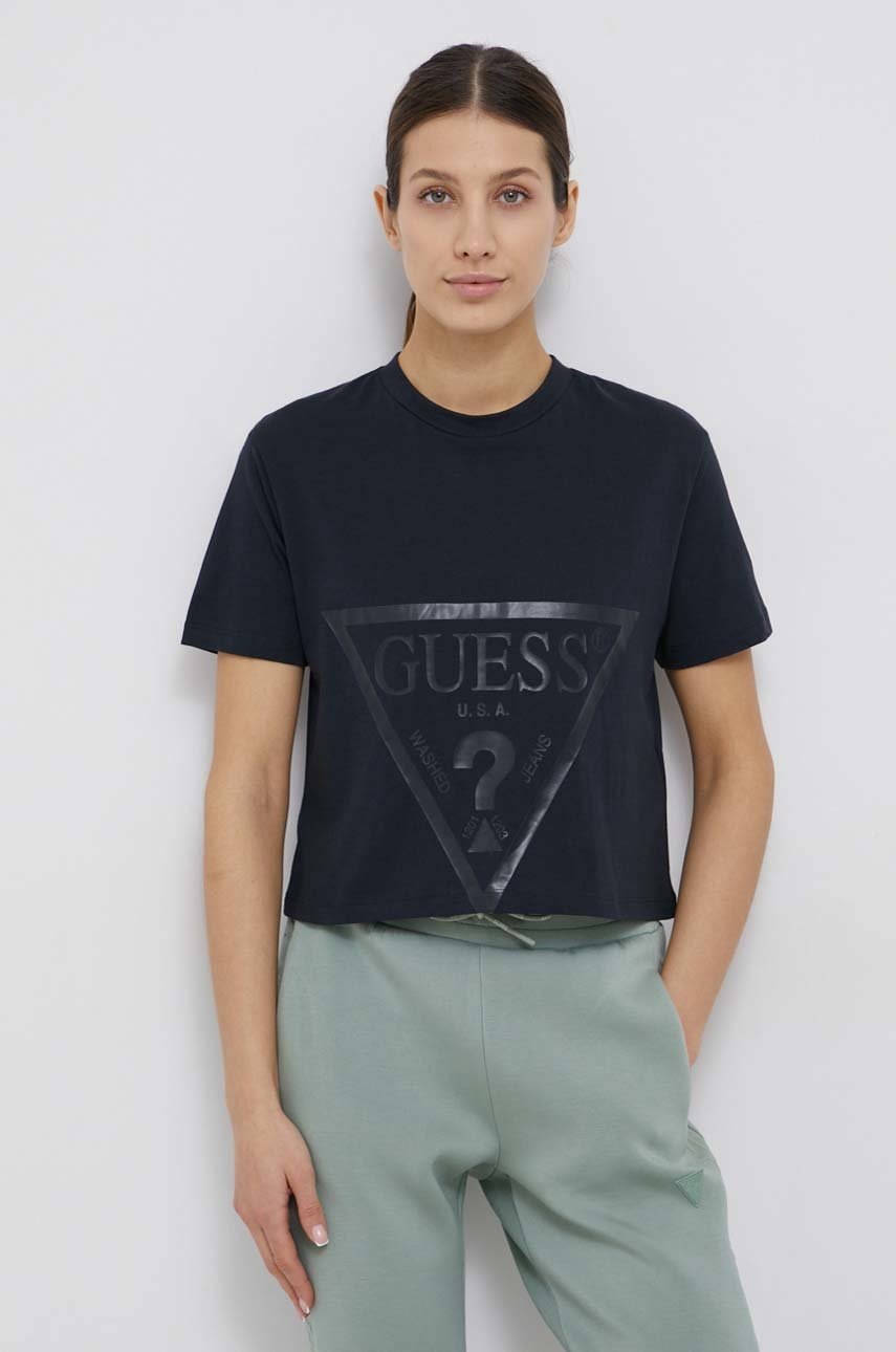 

Памучна тениска Guess в тъмносиньо, Тъмносин