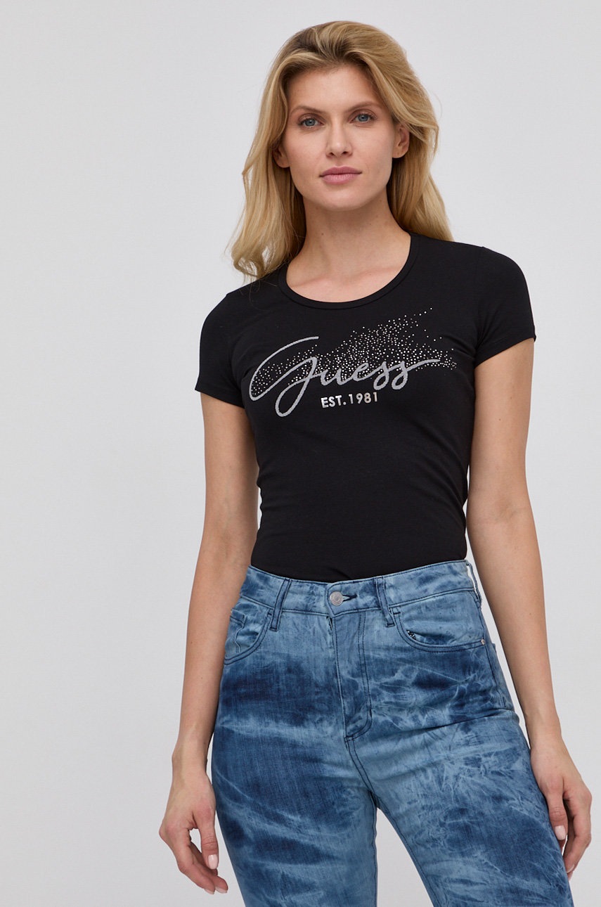 

Тениска Guess в черно, Черен