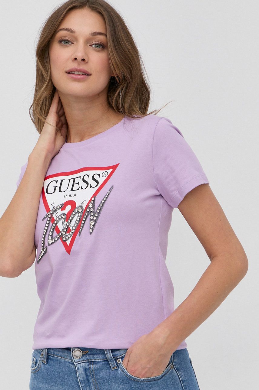 Guess T-shirt bawełniany kolor fioletowy