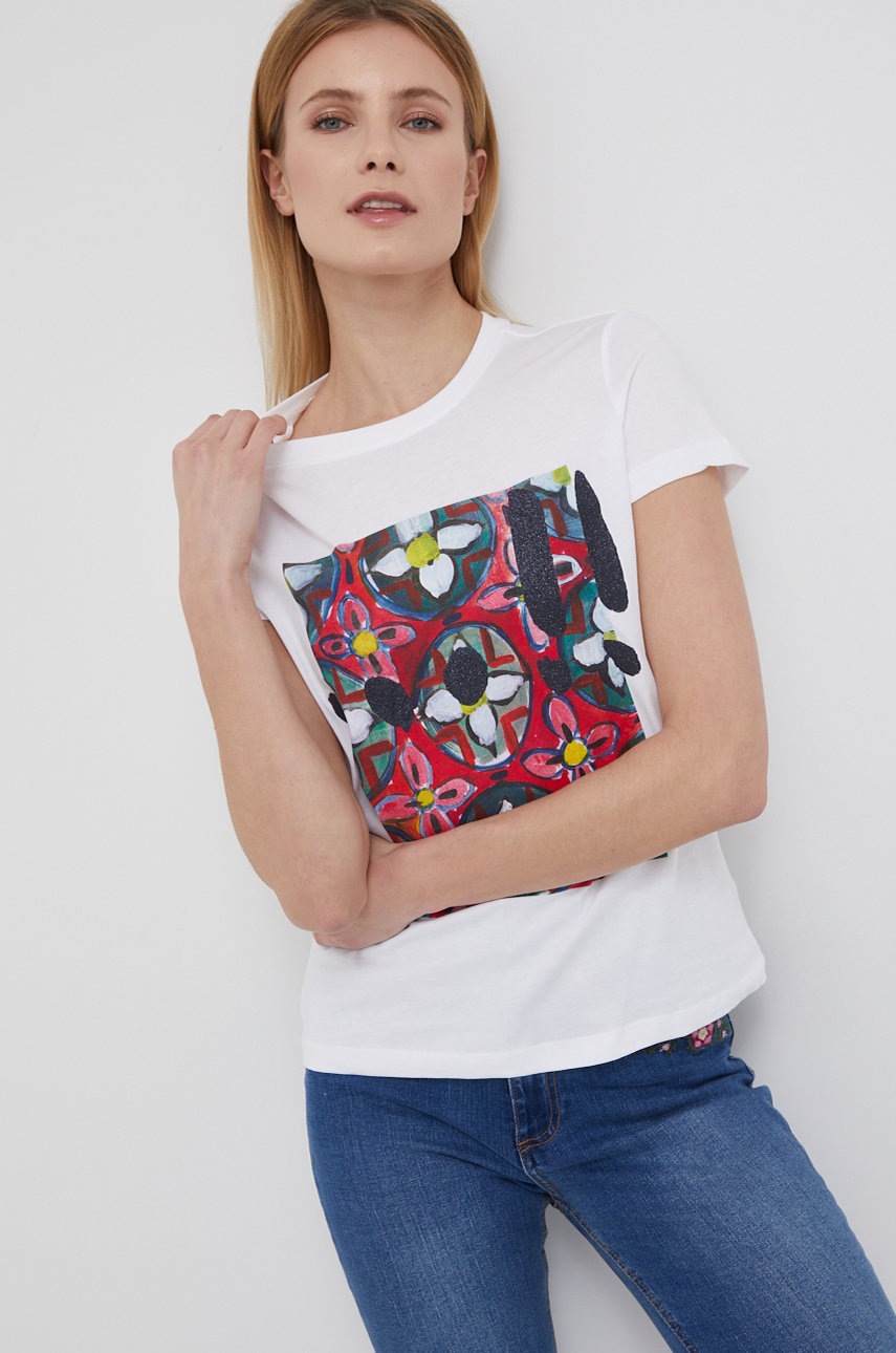 

Памучна тениска Desigual в бяло, Бял