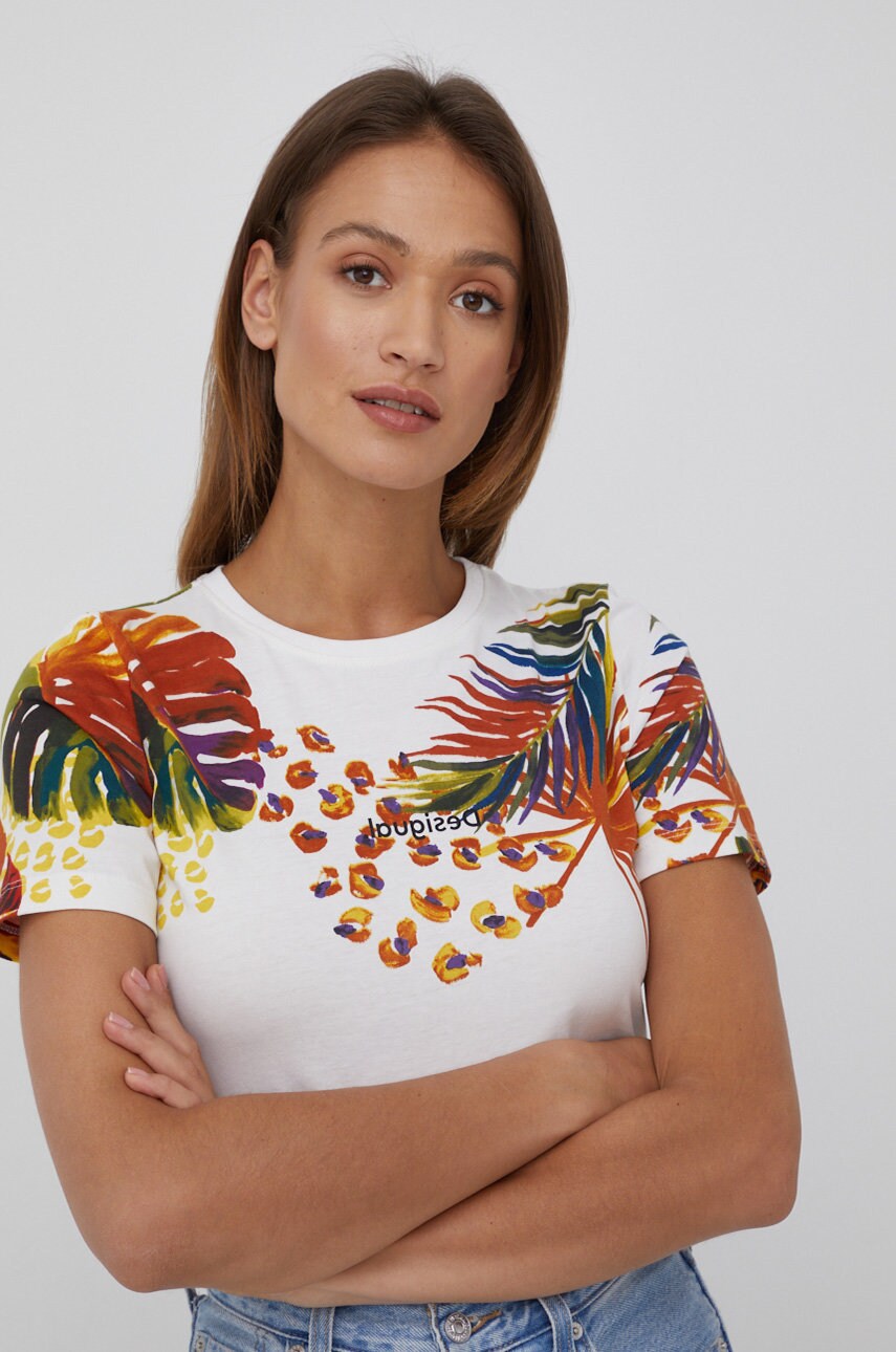Desigual tricou din bumbac culoarea bej