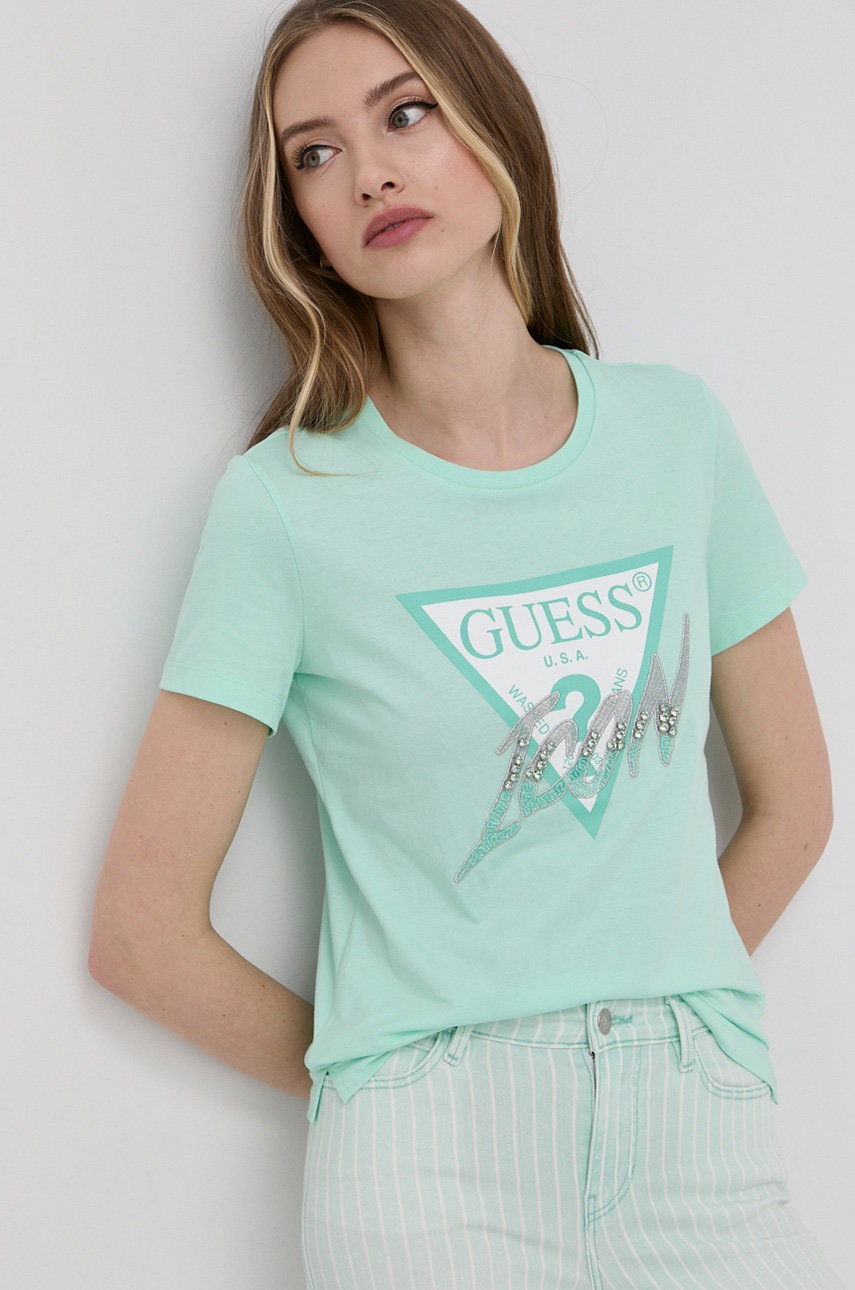 

Бавовняна футболка Guess колір бірюзовий